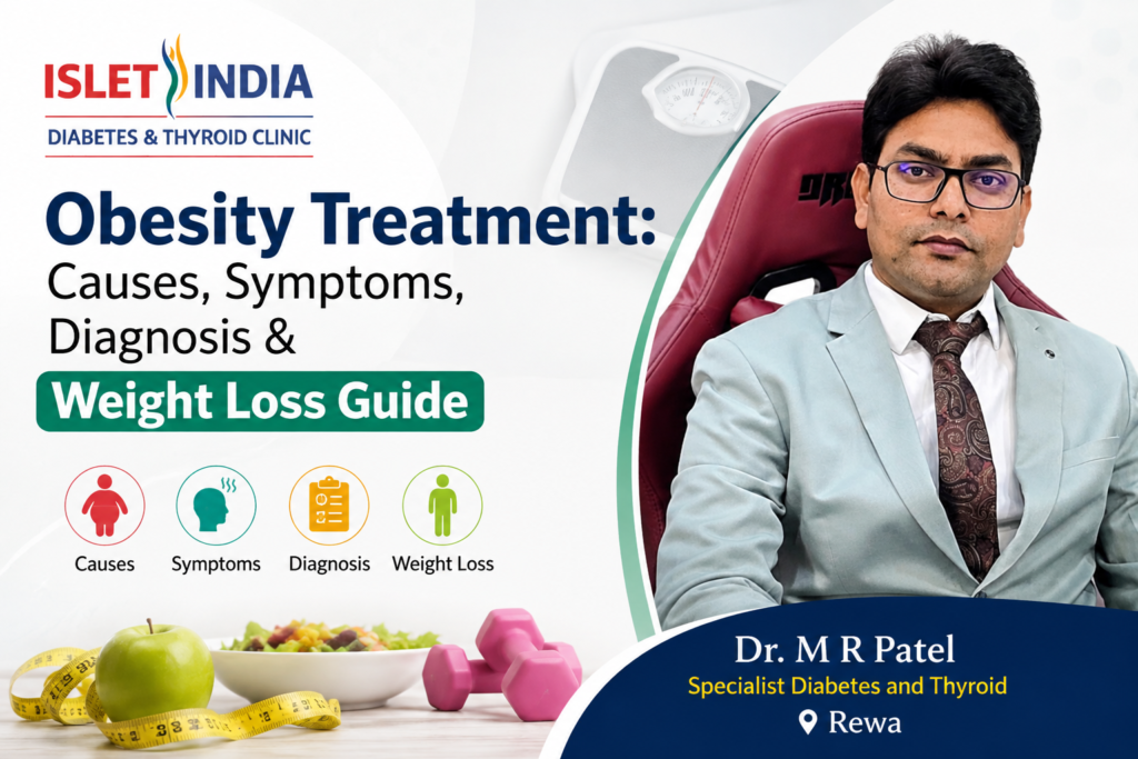 Dr. M R Patel consulting a patient for obesity treatment in Rewa with BMI and weight assessment.